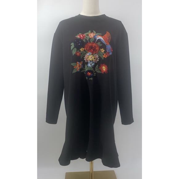 Zara Black Floral Embroidered Sequin Hummingbird Flutter Hem Dress Size Small - Picture 1 of 12